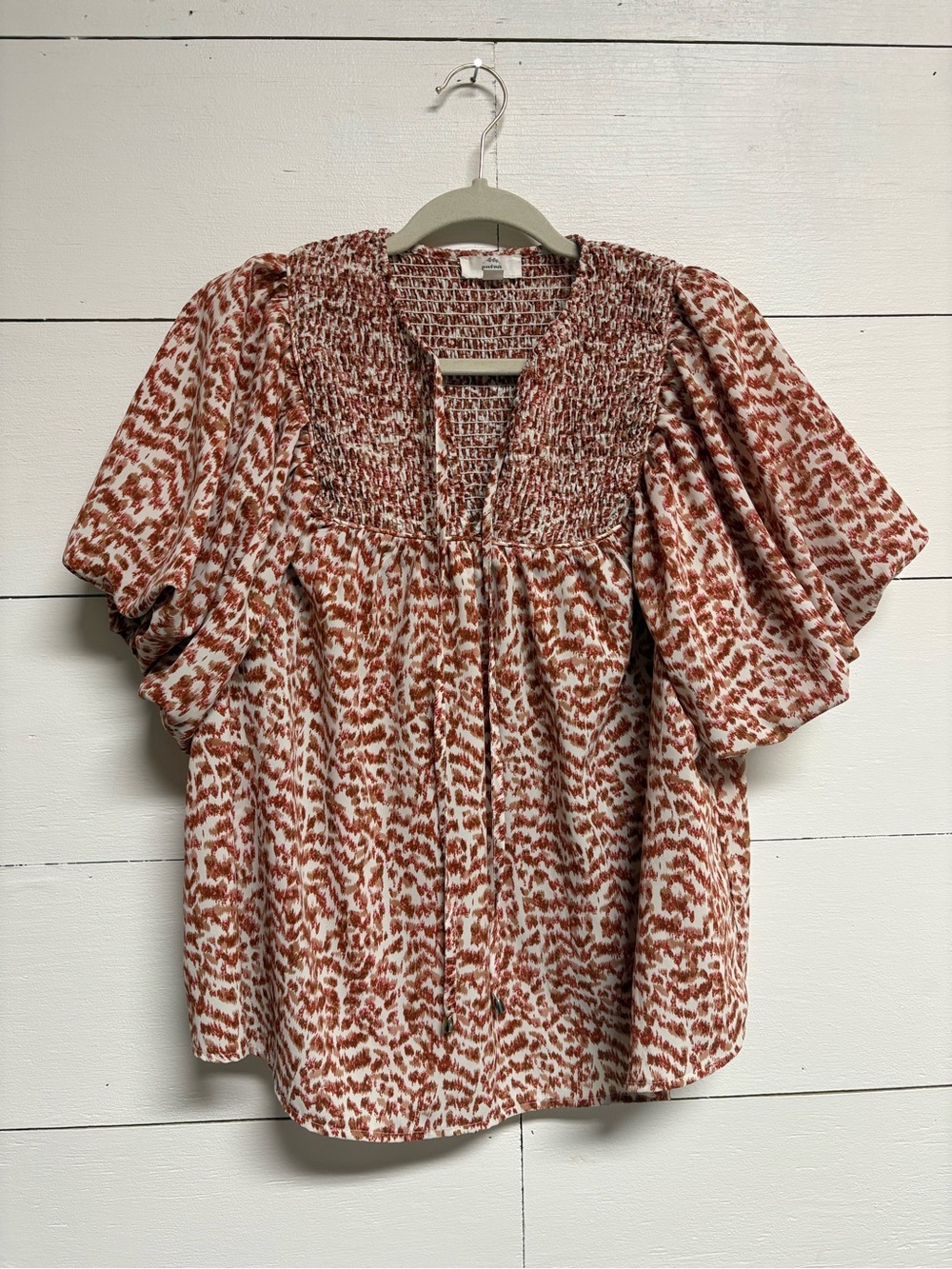 entro Rust and Cream Smocked Yoke Flutter Sleeve Blouse